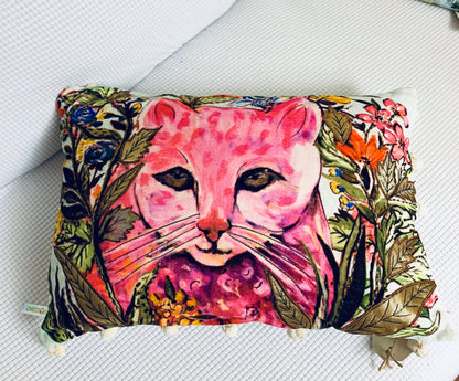 Hand Illustrated Decorative Cat Pillow 14x20 in pink cat with floral border by Vibhsa on Tampa Home & Garden Store