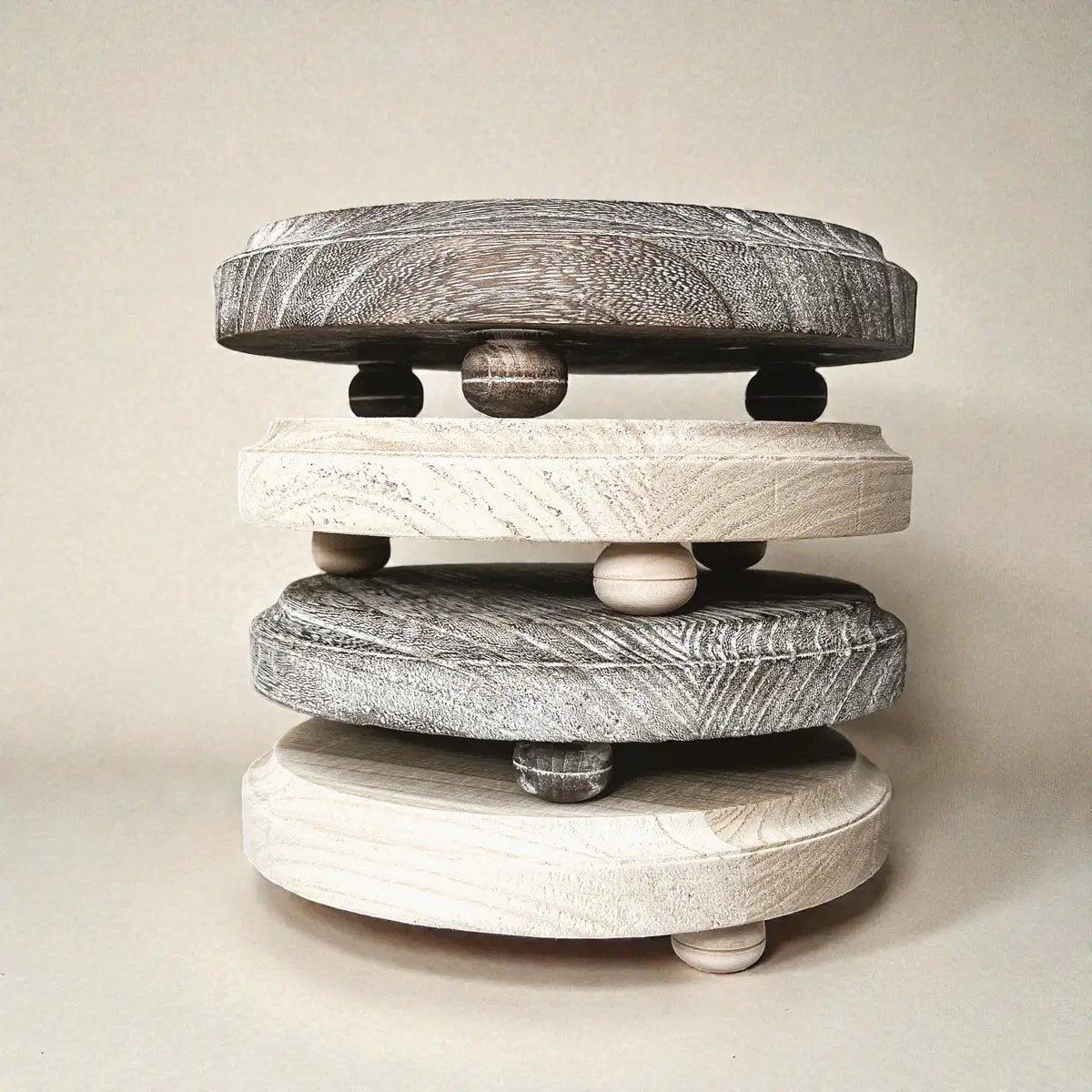 Rustic round wood jewelry tray set of five on pedestals in gray tones Gia Roma decorative trays on Tampa Home & Garden Store