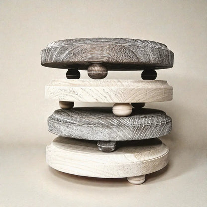 Rustic round wood jewelry tray set of five on pedestals in gray tones Gia Roma decorative trays on Tampa Home & Garden Store