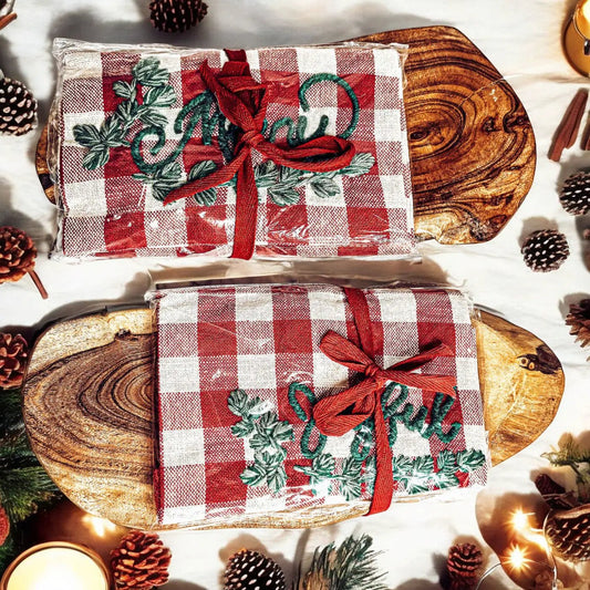 Holiday Charcuterie & Tartan Dish Towel Set by Gia Roma, 2 check towels with holly embroidery on Tampa Home & Garden Store