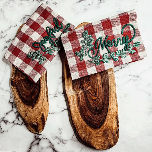 Dish towel set Gia Roma tartan with green embroidery, 2 towels on wood boards on Tampa Home & Garden Store