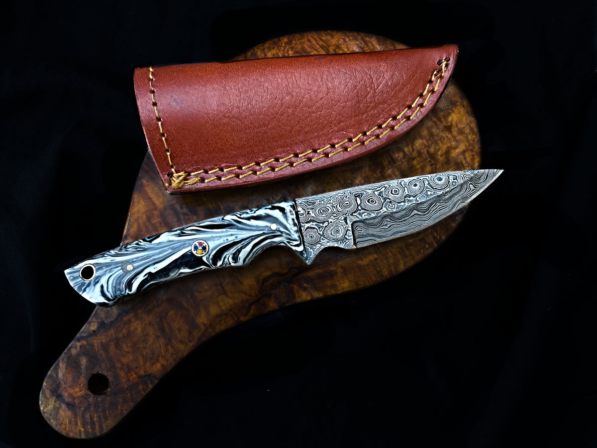 Arrival TD-705 hunting knife Titan Int'l K Damascus blade blue marbled handle leather sheath on Tampa Home & Garden Store