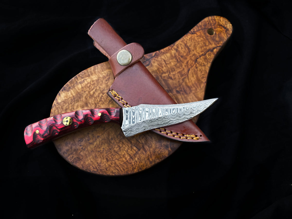 Arrival TD-703 hunting knife with Damascus blade, red marbled handle, leather sheath on Tampa Home & Garden Store