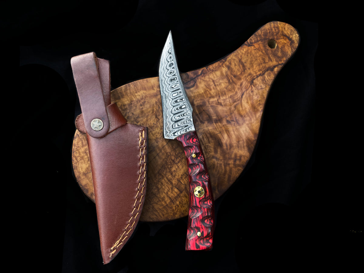 Arrival TD-703 hunting knife with Damascus blade and red/black marbled handle, leather sheath on Tampa Home & Garden Store