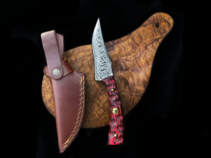 Arrival TD-703 hunting knife with Damascus blade and red/black marbled handle, leather sheath on Tampa Home & Garden Store