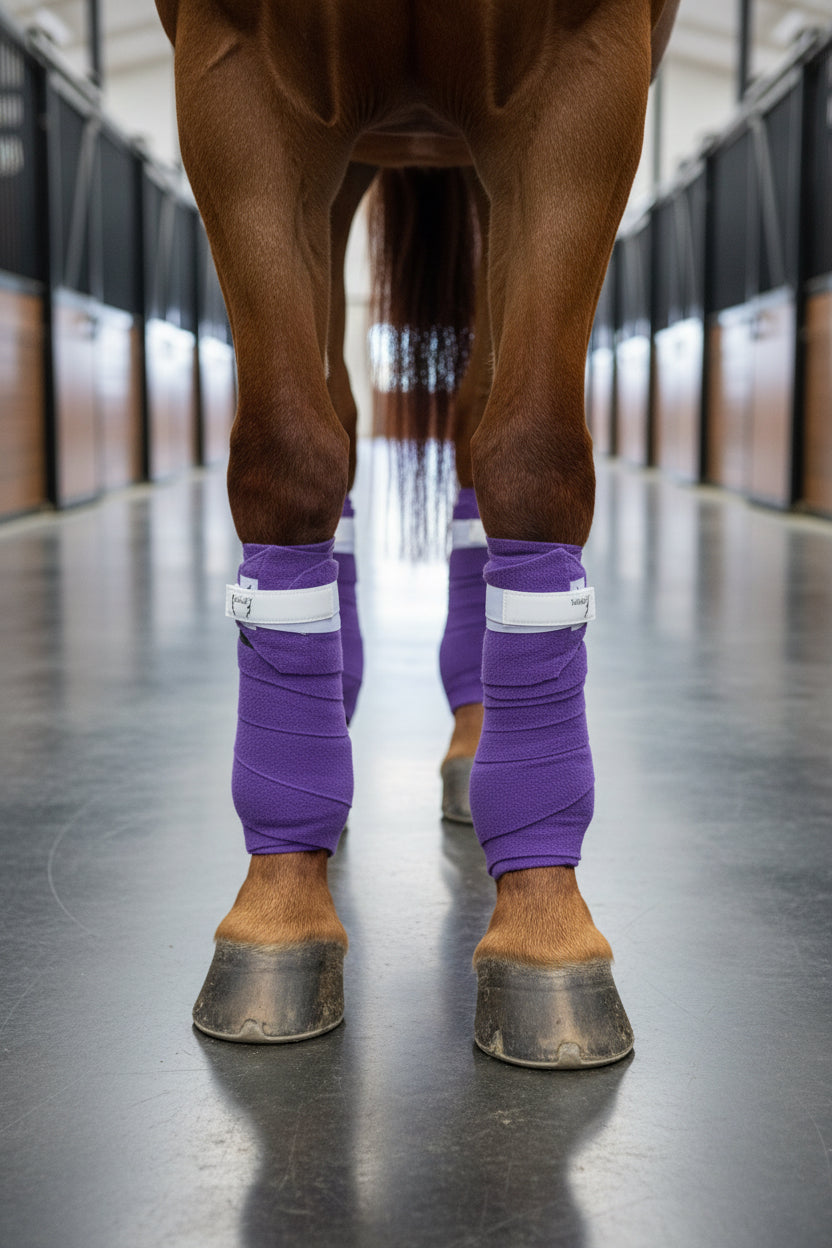 PoloCinch Polo Wrap Guards, purple fleece leg wraps with double-sided Velcro on four legs on Tampa Home & Garden Store