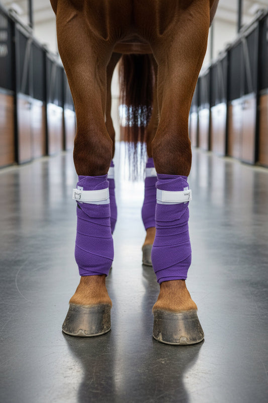 PoloCinch Polo Wrap Guards, purple fleece leg wraps with double-sided Velcro on four legs on Tampa Home & Garden Store