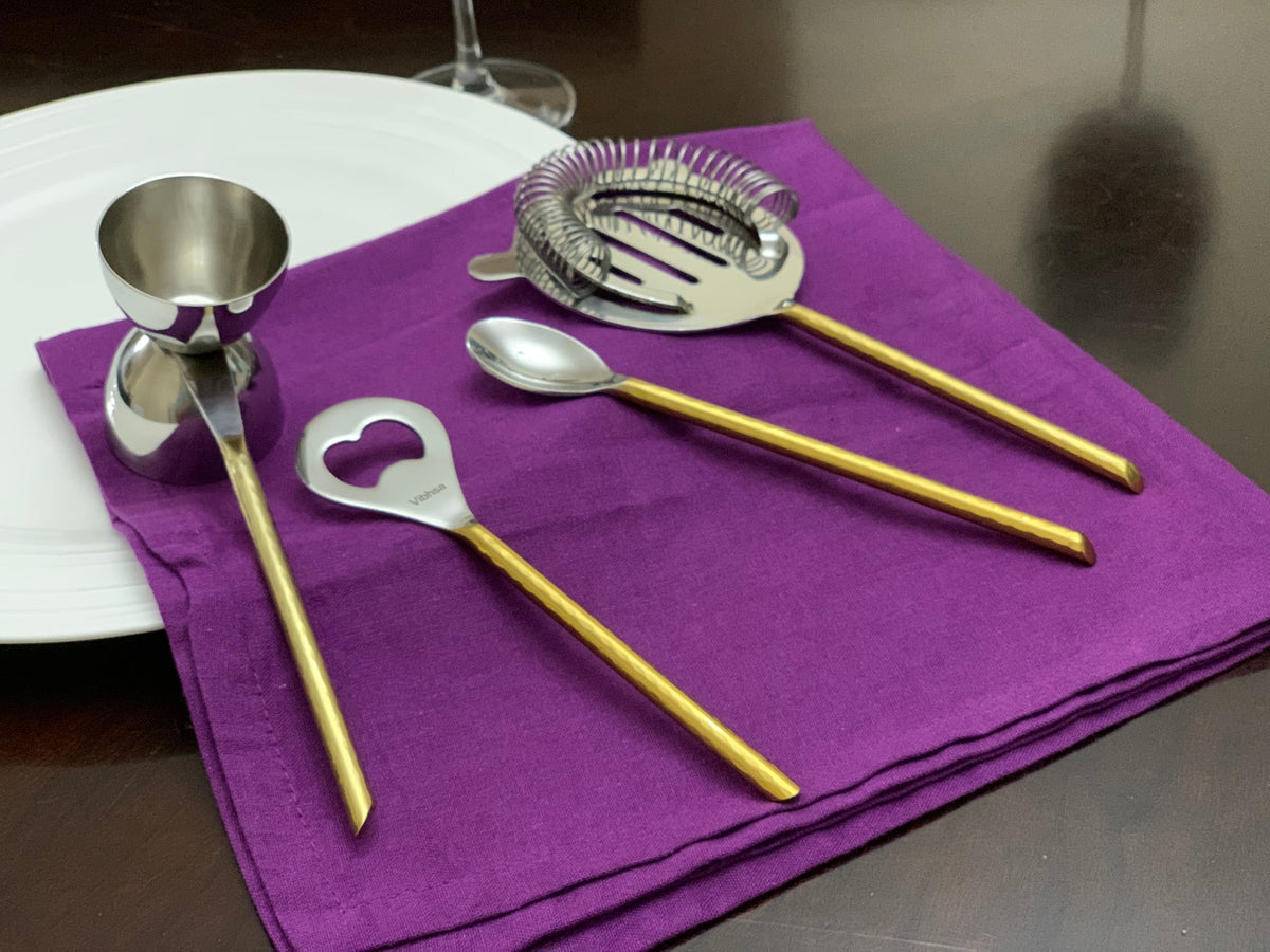 Vibhsa 4-Piece Bar Tools Kit hammered gold PVD includes jigger, strainer, bar spoon, opener on Tampa Home & Garden Store