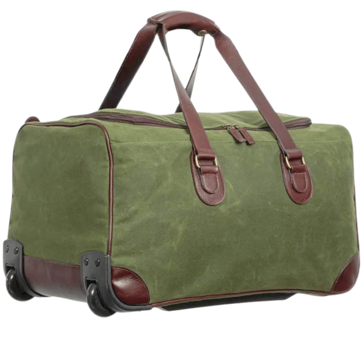 Maxwell waxed canvas rolling duffel bag in olive green with brown leather straps on Tampa Home & Garden Store