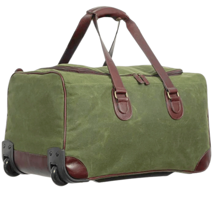 Maxwell waxed canvas rolling duffel bag in olive green with brown leather straps on Tampa Home & Garden Store