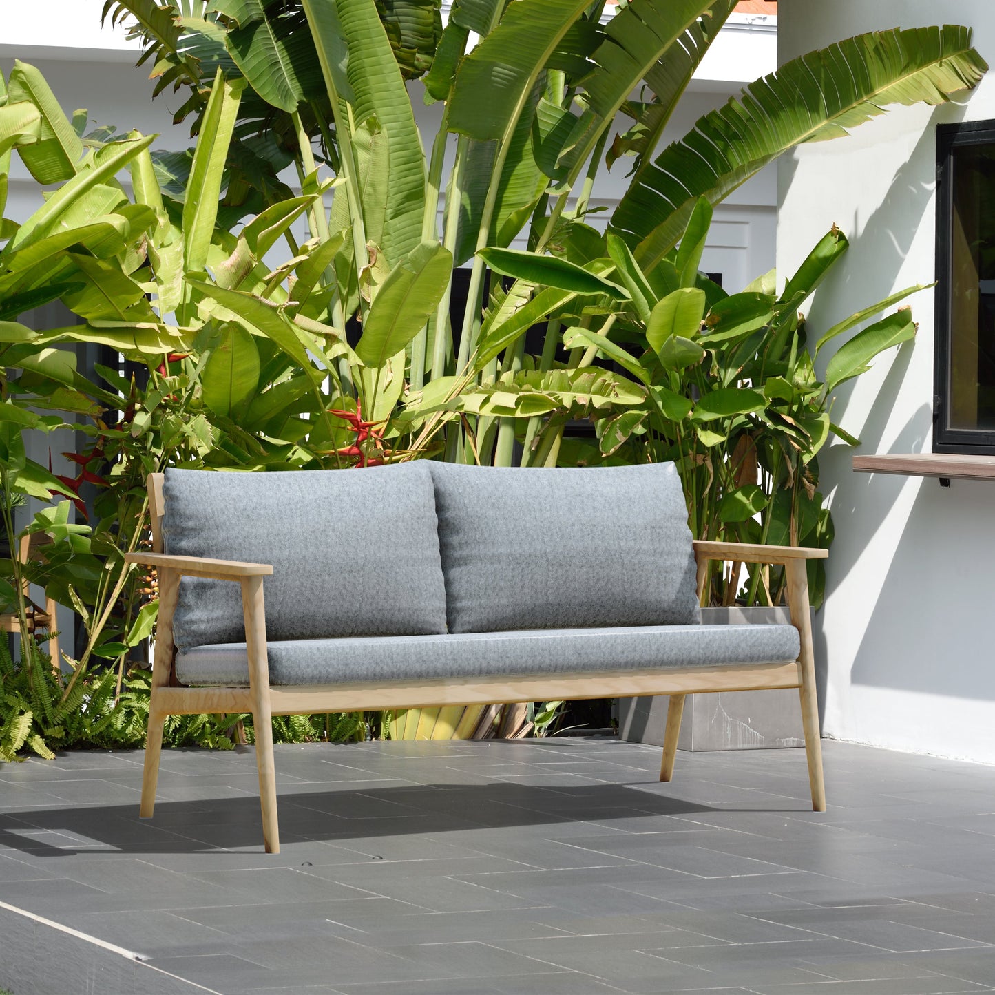 Eve FSC Teak Outdoor Conversation Set with Cushions in teak and grey LifestyleGarden US on Tampa Home & Garden Store