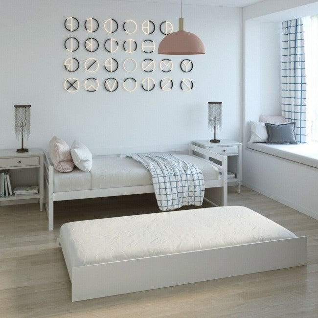 Marco de cama doble tipo diván con nido de estilo dormitorio en blanco