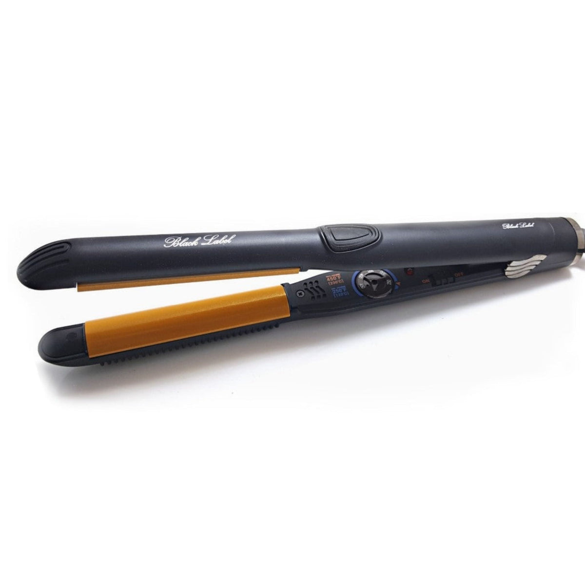 Black Label professional round 1in infrared nano ceramic flat iron with dark blue body and orange plates on Tampa Home & Garden Store