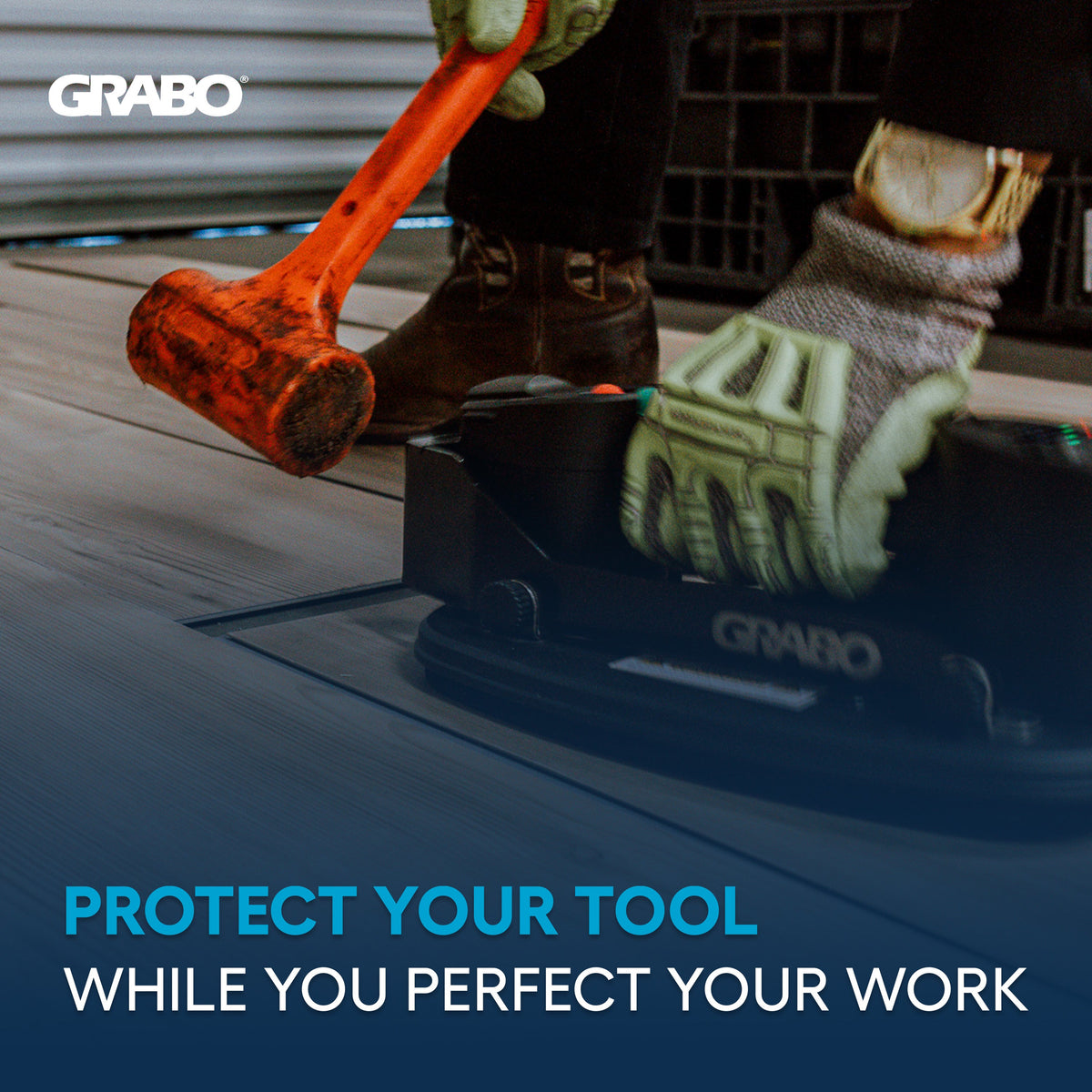 GRABO Impact Plate Hammer Shield suction gripster accessory orange hammer head on workbench on Tampa Home & Garden Store