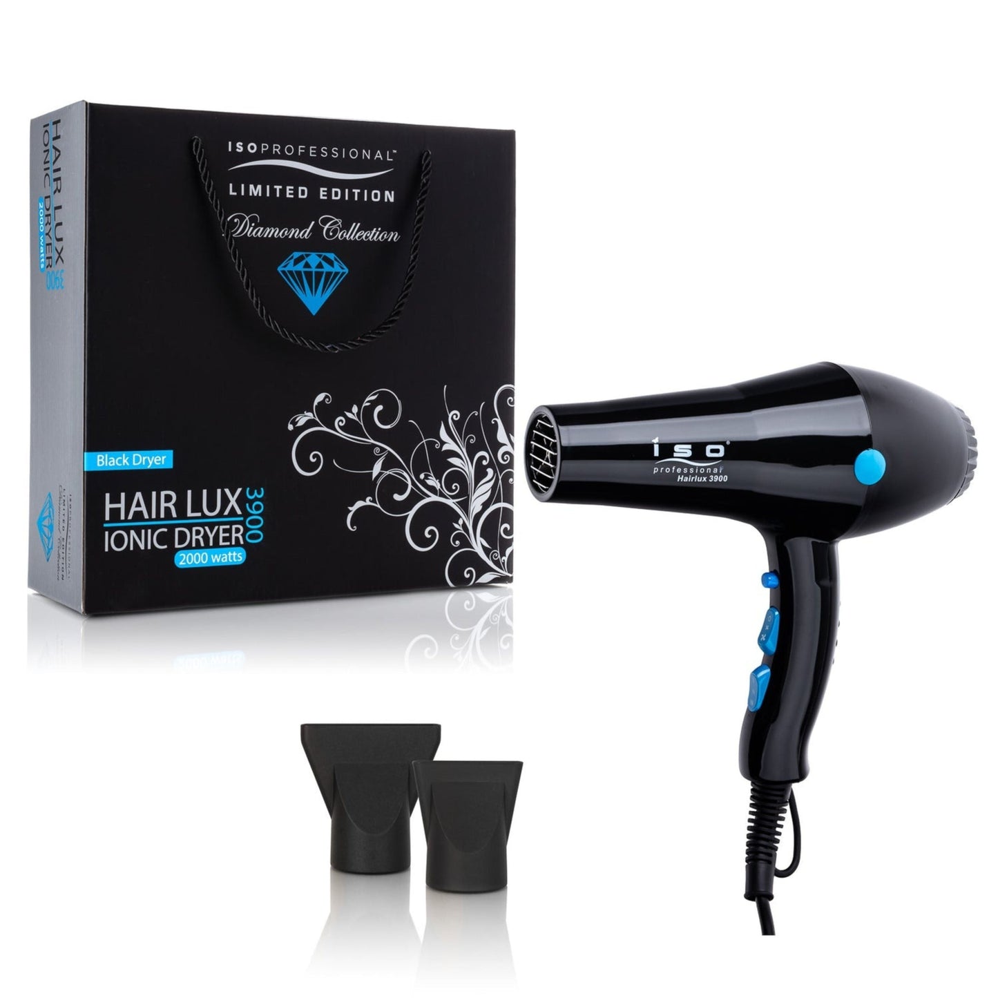 HairLux 2000W Turbo Blow Dryer Diamond Collection black with blue controls and 3 attachments on Tampa Home & Garden Store