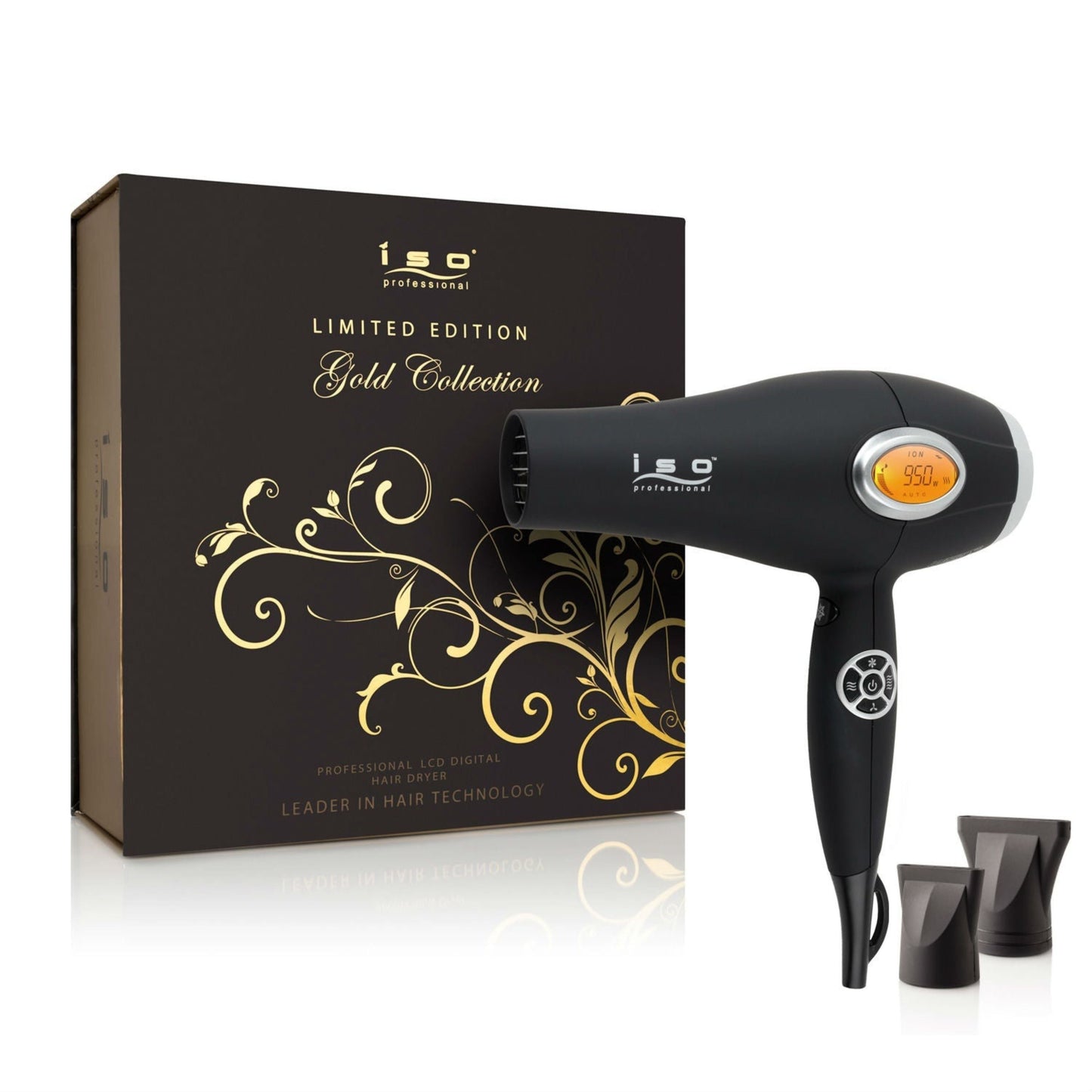 ISO Professional 1875W Ionic Hair Dryer with LCD display, black finish; Gold Collection box on Tampa Home & Garden Store