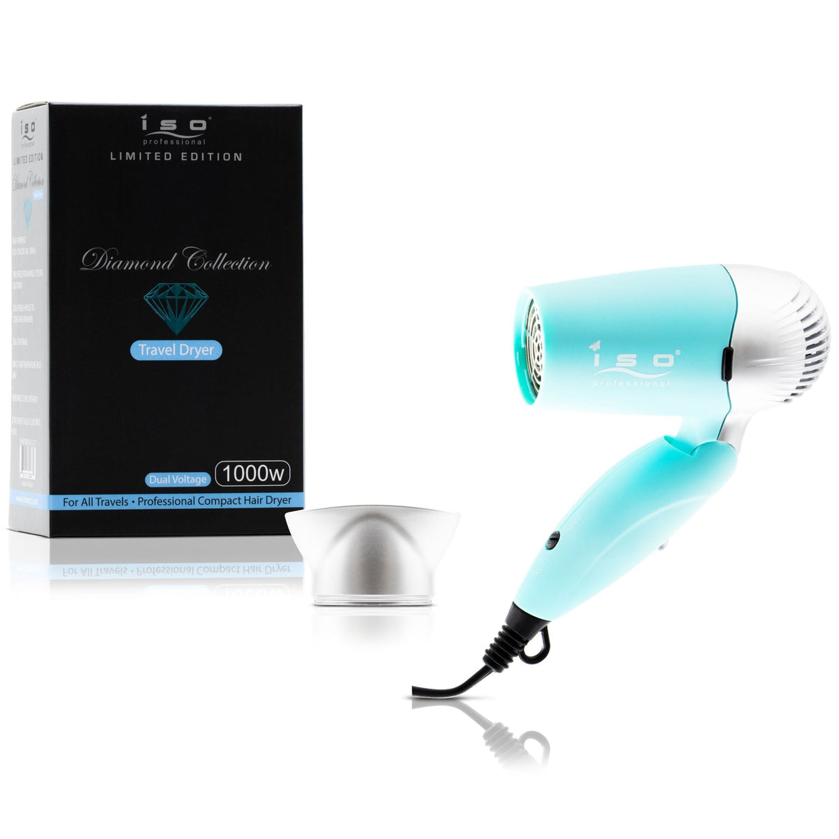 Travel dryer Diamond Collection turquoise iSO professional dual-voltage 1000W box and dryer on Tampa Home & Garden Store
