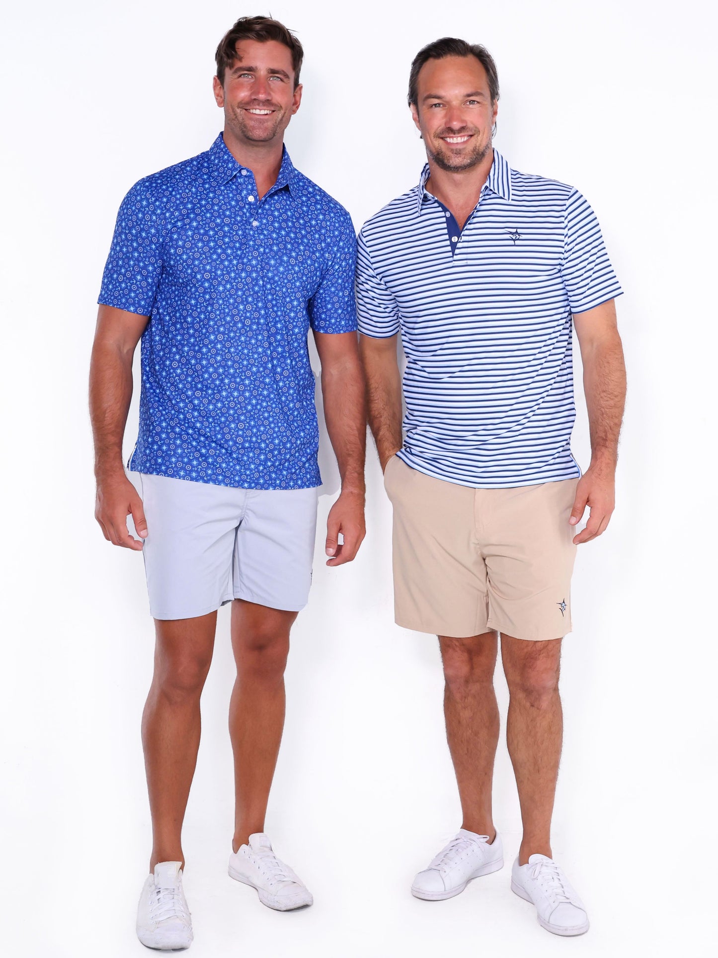 Captain Shorts by White Water Life; two male models wear light blue and beige shorts on Tampa Home & Garden Store