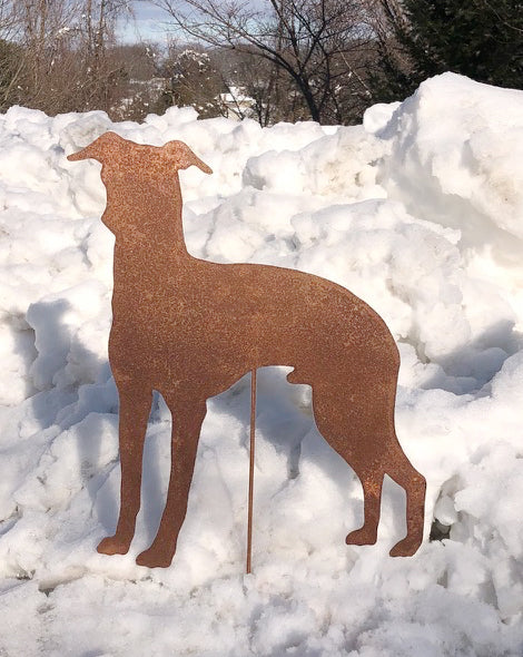 Italian Greyhound statue lawn ornament, rust-colored metal silhouette by Rustica Ornamentals on Tampa Home & Garden Store