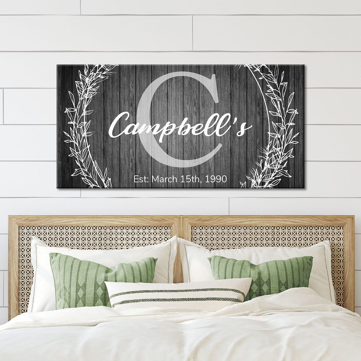 Family Name Monogram Sign canvas with dark wood and white Campbell's script on Tampa Home & Garden Store