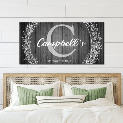 Family Name Monogram Sign canvas with dark wood and white Campbell's script on Tampa Home & Garden Store