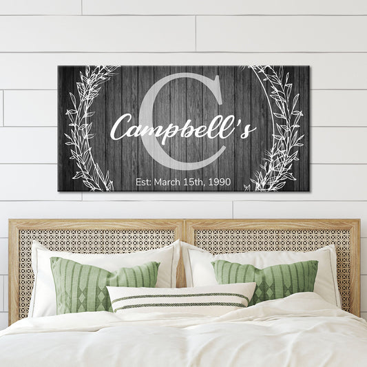 Family Name Monogram Sign canvas with dark wood and white Campbell's script on Tampa Home & Garden Store