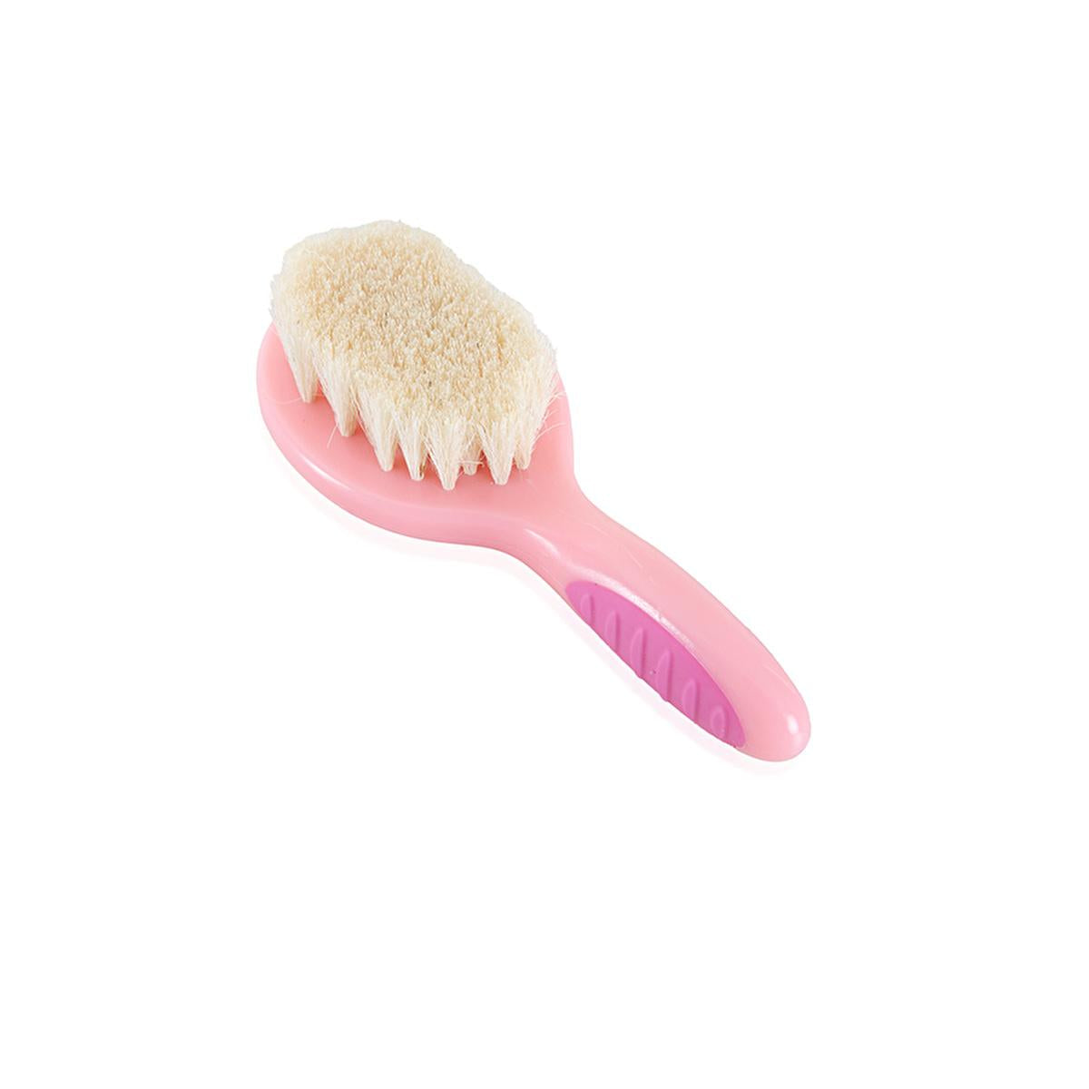 Pink baby grooming brush with beige bristles and purple grip on Tampa Home & Garden Store