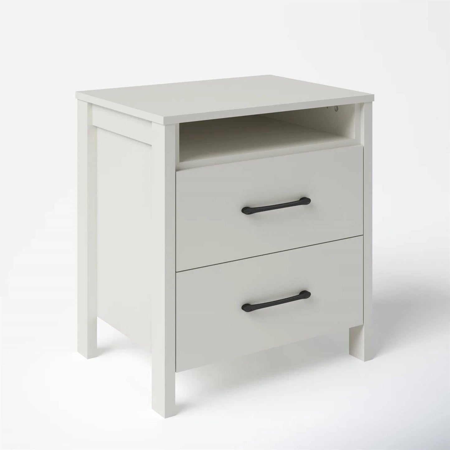 Mesa de noche moderna de 2 cajones con estante abierto en acabado de madera color marfil