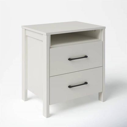 Mesa de noche moderna de 2 cajones con estante abierto en acabado de madera color marfil