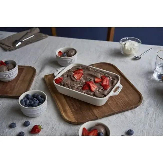 Two Piece Ivory Ceramic Stoneware Baking Dishes set with chocolate and strawberry on board on Tampa Home & Garden Store