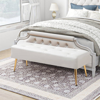 Banco otomana moderno para cama con asiento de cuero sintético blanco marfil y patas de metal dorado
