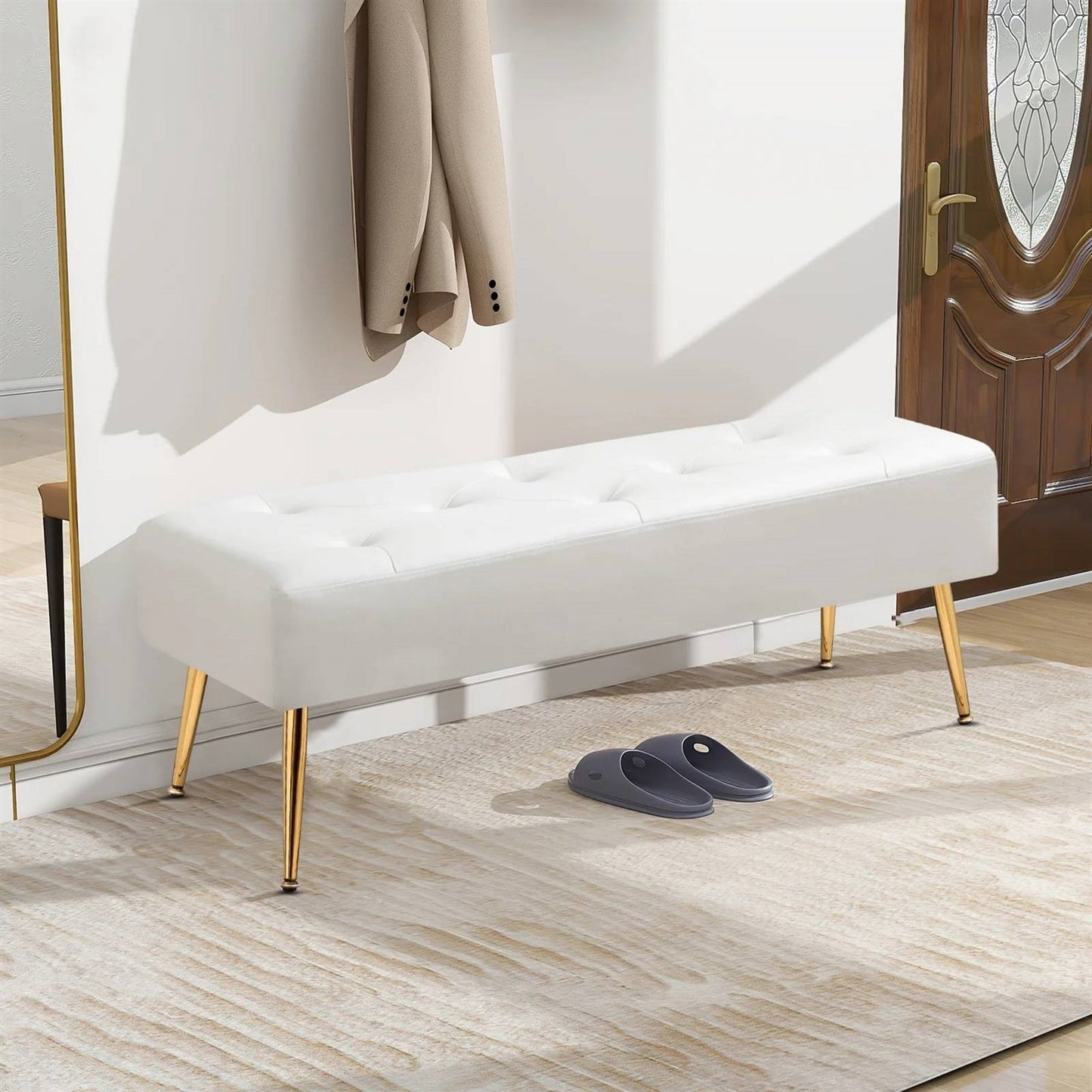 Banco otomana moderno para cama con asiento de cuero sintético blanco marfil y patas de metal dorado