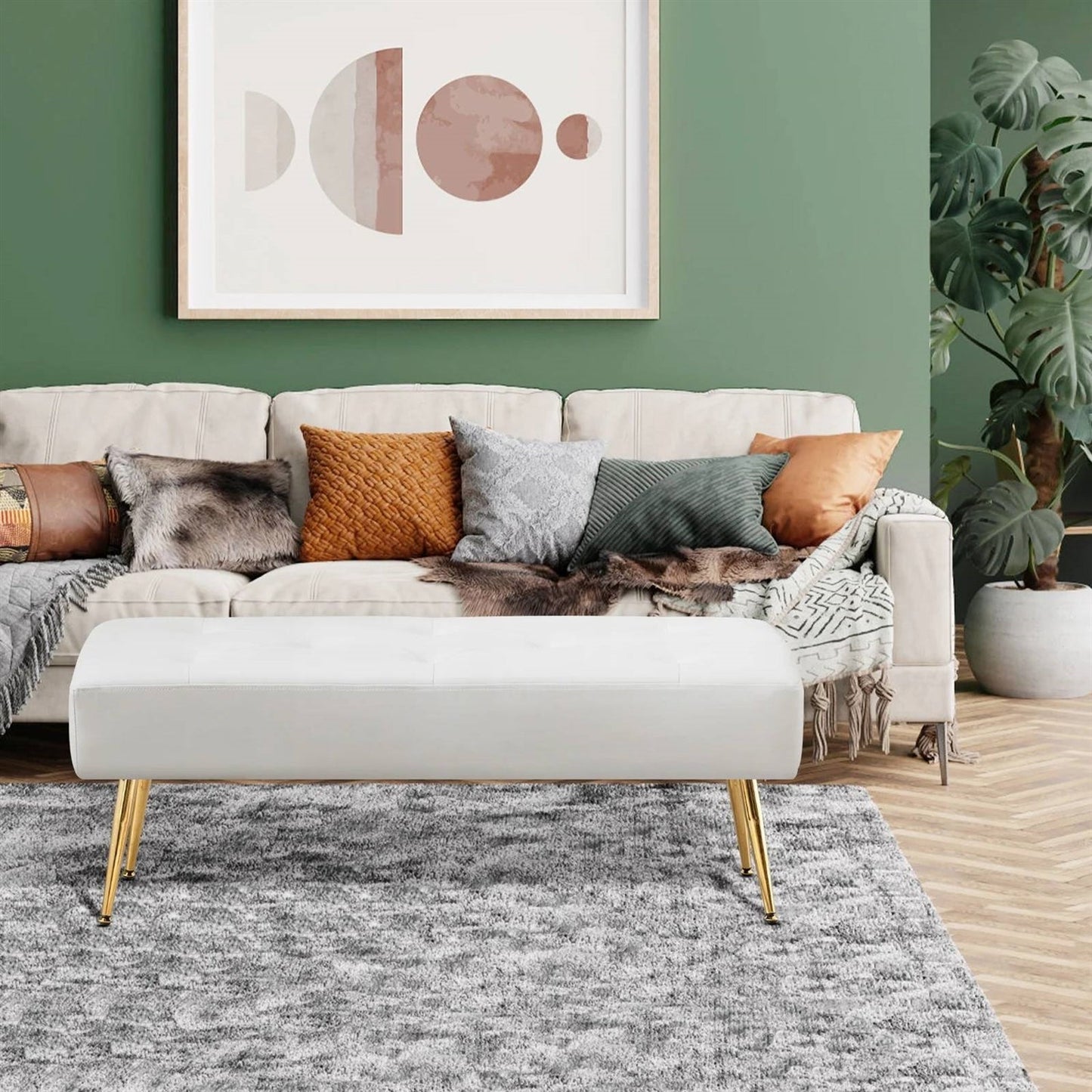 Banco otomana moderno para cama con asiento de cuero sintético blanco marfil y patas de metal dorado