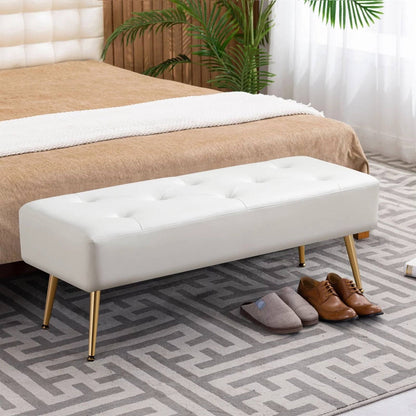 Banco otomana moderno para cama con asiento de cuero sintético blanco marfil y patas de metal dorado