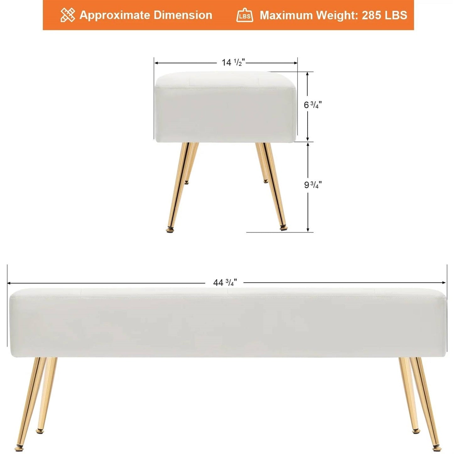 Banco otomana moderno para cama con asiento de cuero sintético blanco marfil y patas de metal dorado