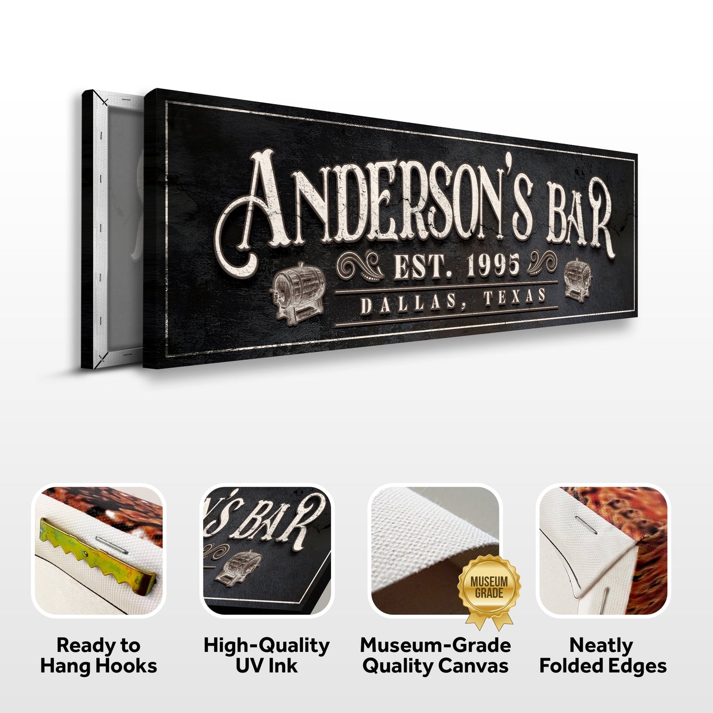 Personalized Bar Sign II canvas by Tailored Canvases with beige vintage lettering on black on Tampa Home & Garden Store