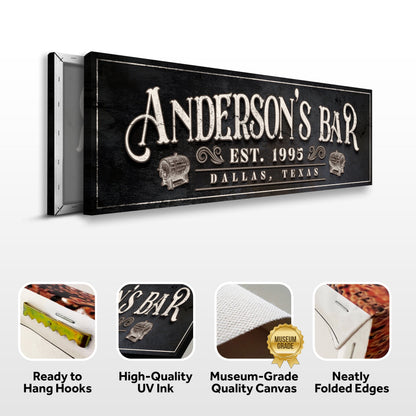 Personalized Bar Sign II canvas by Tailored Canvases with beige vintage lettering on black on Tampa Home & Garden Store