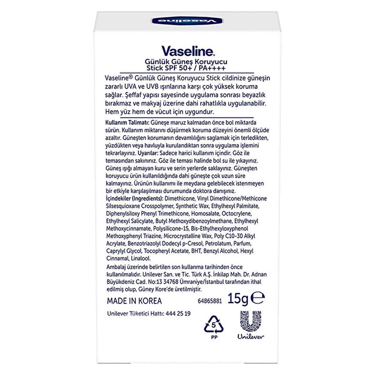 Vaseline sunscreen stick packaging back, white with blue logo, 15g Beauty Care Bag on Tampa Home & Garden Store