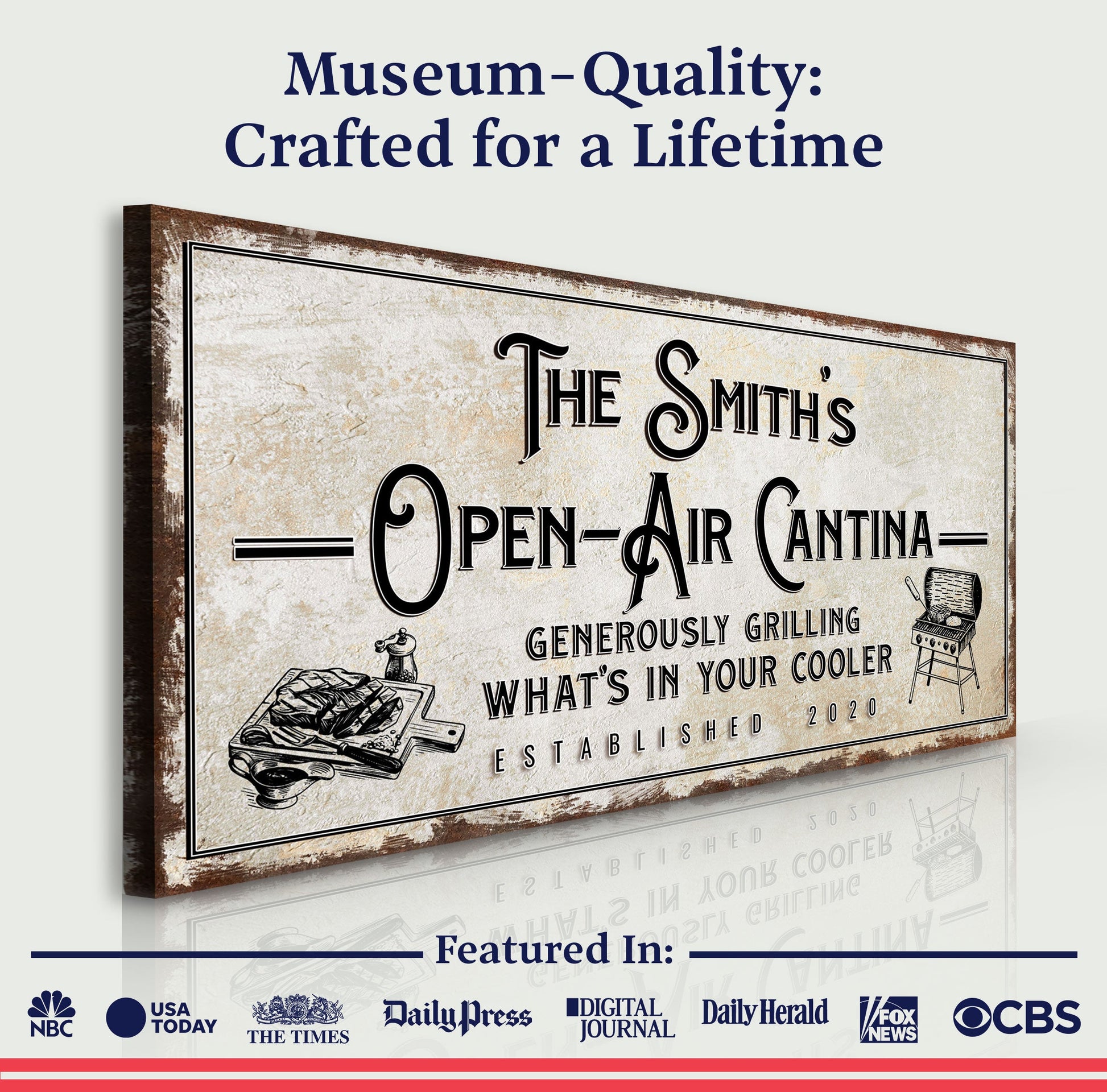 Family Open Air Cantina Sign canvas by Tailored Canvases in vintage beige parchment with bold black lettering on Tampa Home & Garden Store
