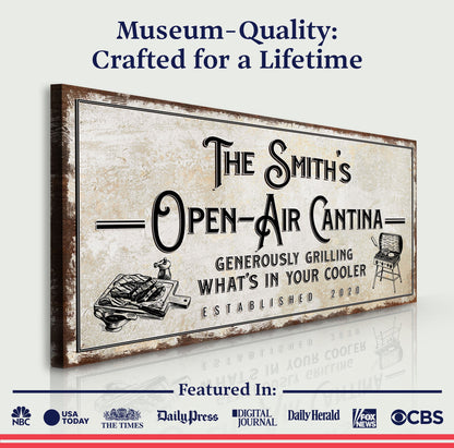 Family Open Air Cantina Sign canvas by Tailored Canvases in vintage beige parchment with bold black lettering on Tampa Home & Garden Store