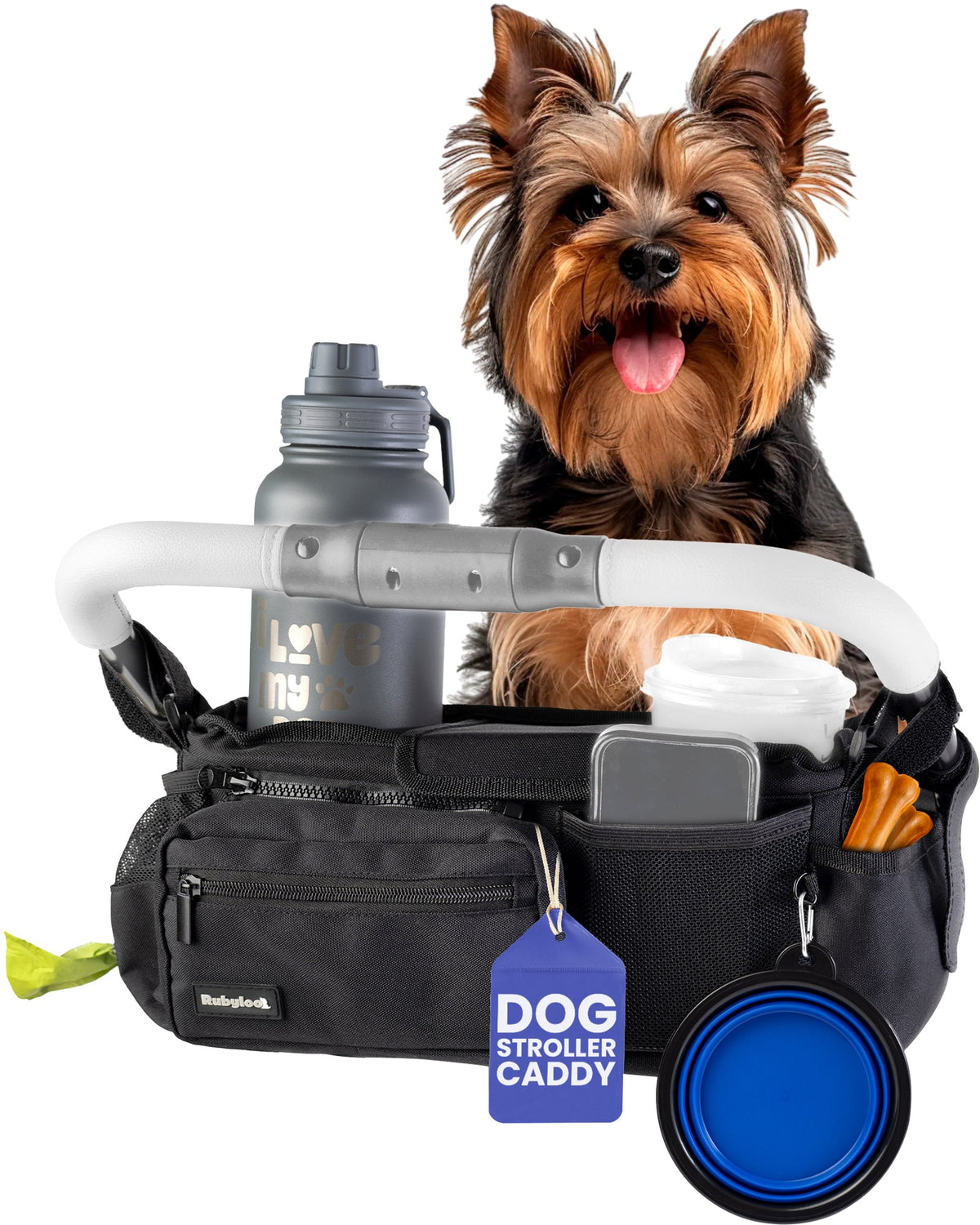 Dog Stroller Caddy Organizer Rubyloo in black stroller with water bottle and blue bowl on Tampa Home & Garden Store