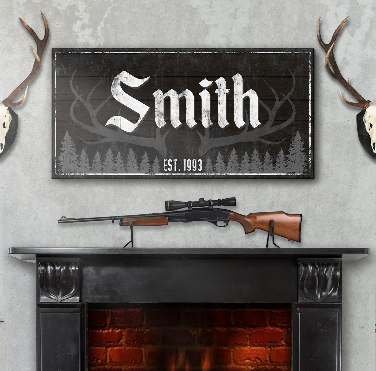 Rustic Family Antler Sign III canvas with dark wood panel and Smith lettering Tailored Canvases on Tampa Home & Garden Store