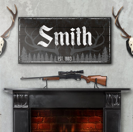 Rustic Family Antler Sign III canvas with dark wood panel and Smith lettering Tailored Canvases on Tampa Home & Garden Store