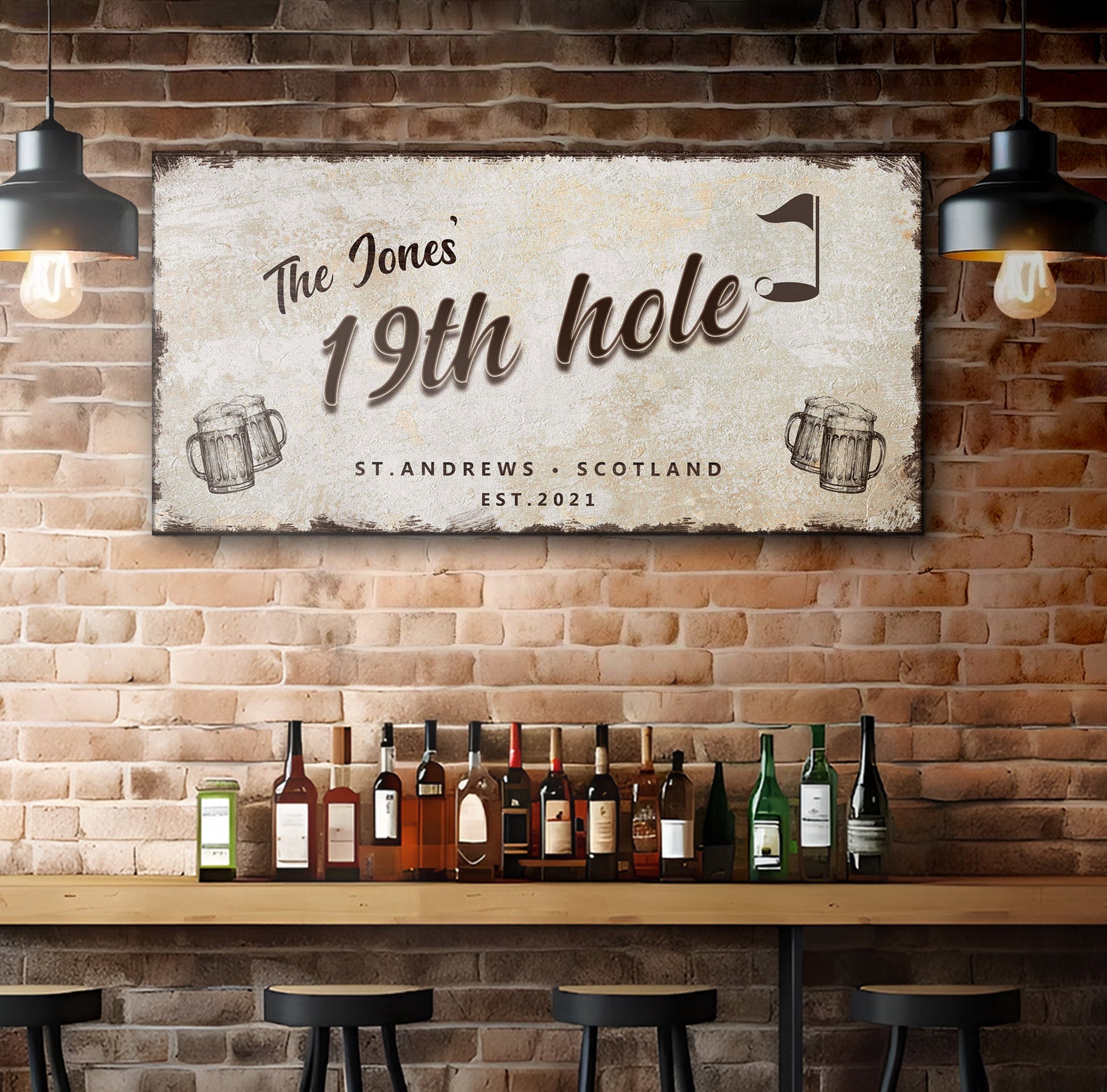 Canvas sign 19th Hole Golf Personalized Sign III with rustic beige texture and golf motif on Tampa Home & Garden Store