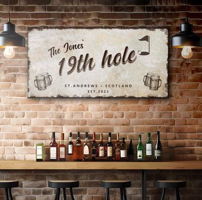 Canvas sign 19th Hole Golf Personalized Sign III with rustic beige texture and golf motif on Tampa Home & Garden Store