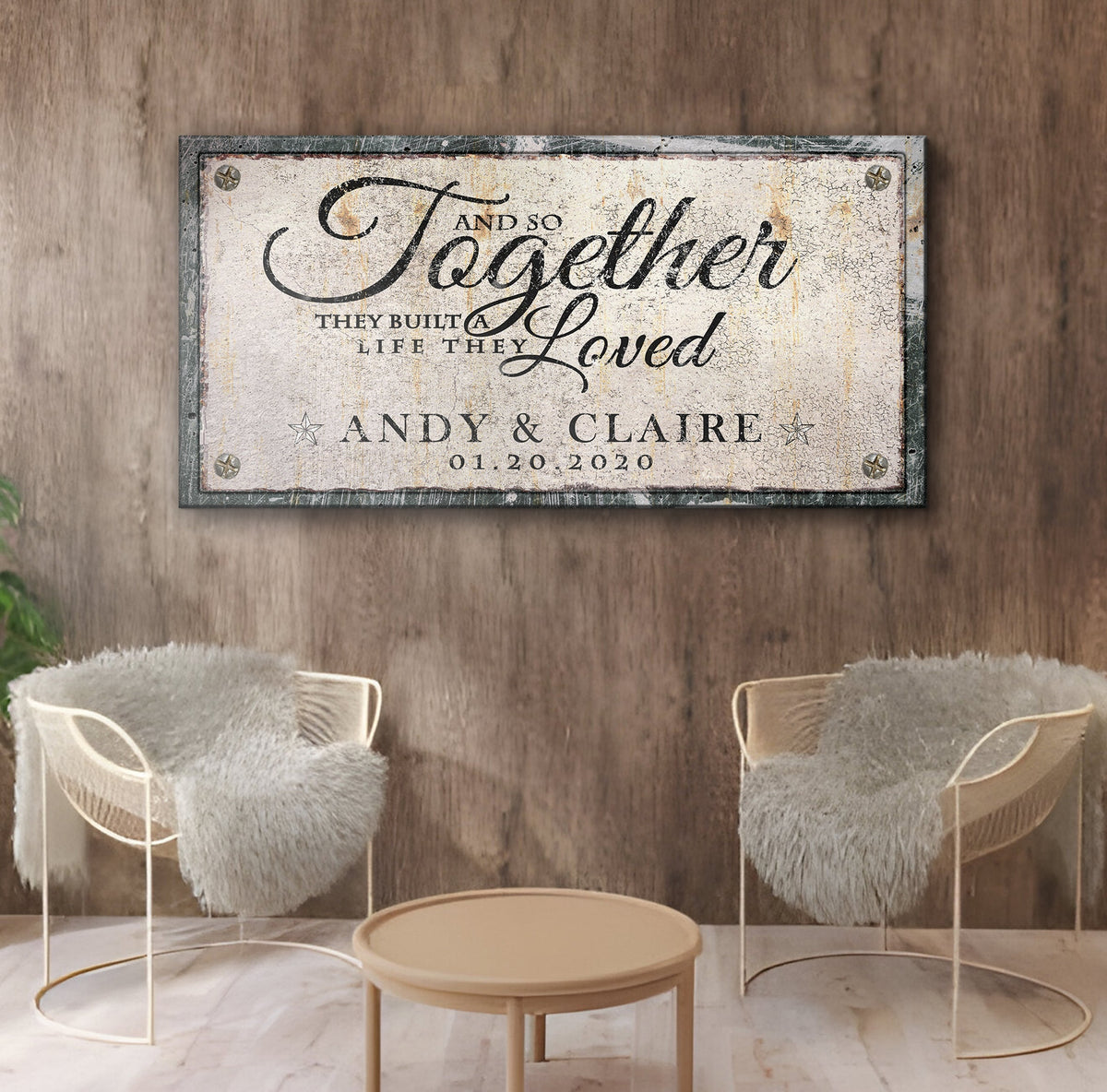 Together Sign IV canvas wall art with plaque and script reading Together and Andy and Claire on Tampa Home & Garden Store