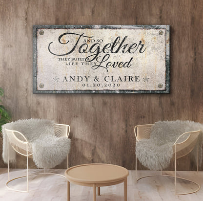 Together Sign IV canvas wall art with plaque and script reading Together and Andy and Claire on Tampa Home & Garden Store