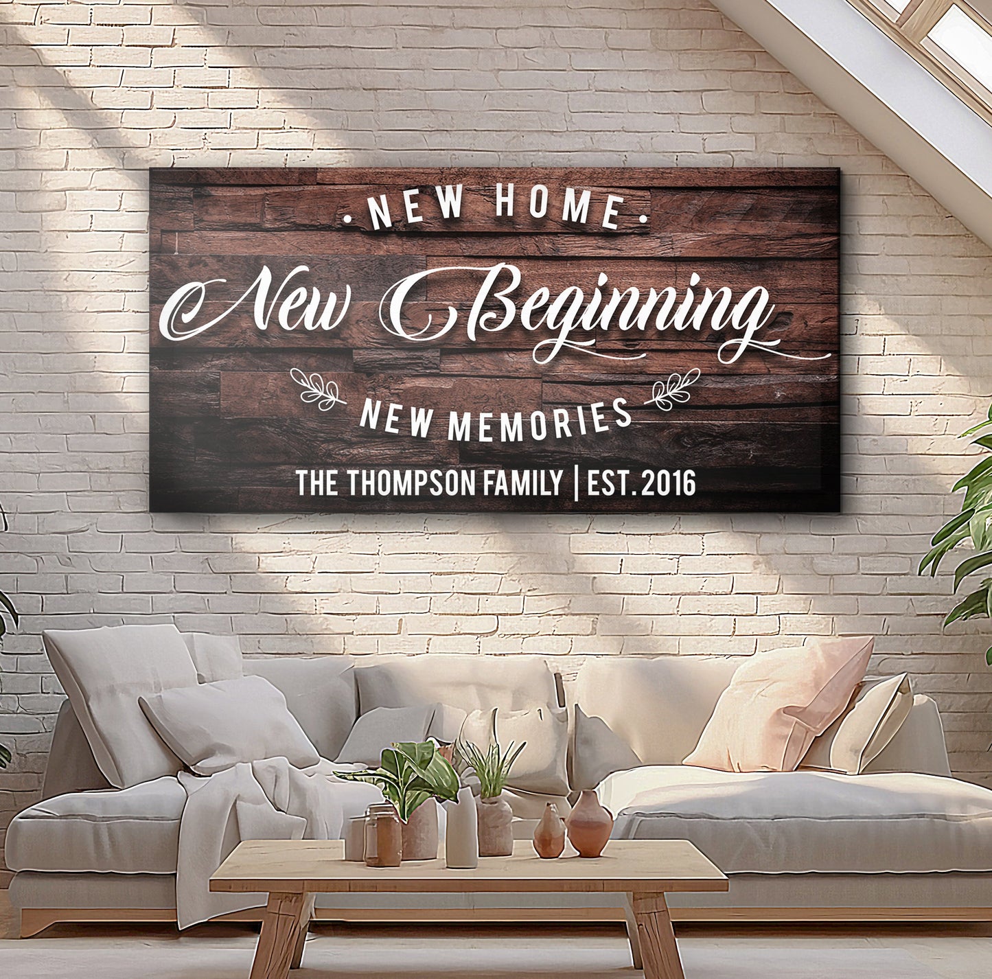 New Home Sign III canvas by Tailored Canvases with wood plank panel and script text on brick wall on Tampa Home & Garden Store