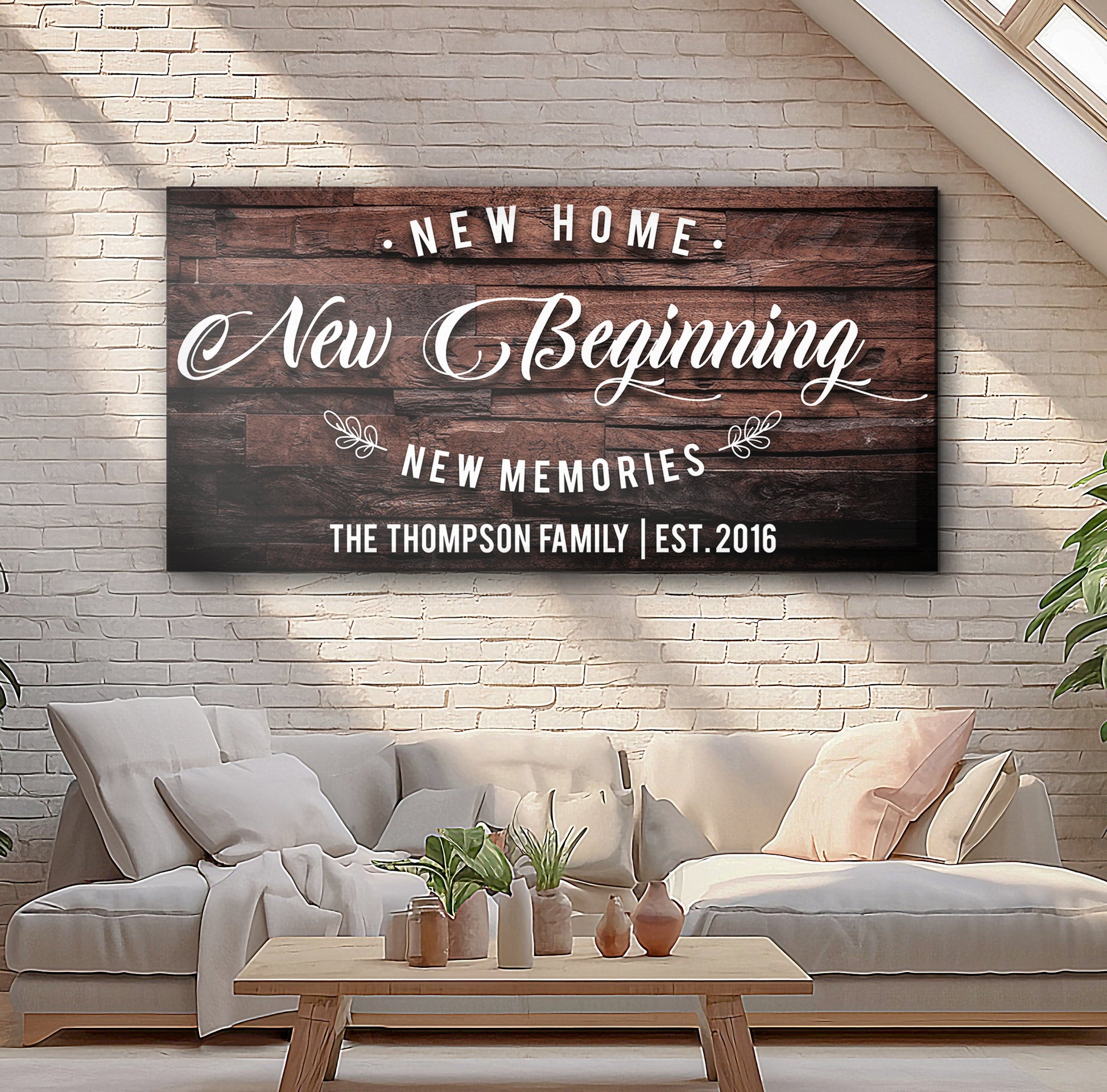 New Home Sign III canvas by Tailored Canvases with wood plank panel and script text on brick wall on Tampa Home & Garden Store