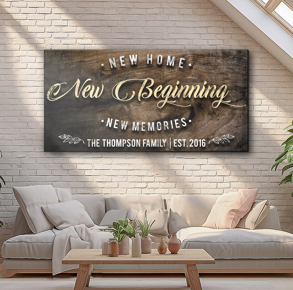 New Home Sign II canvas by Tailored Canvases, rustic wood plaque with white New Home on Tampa Home & Garden Store
